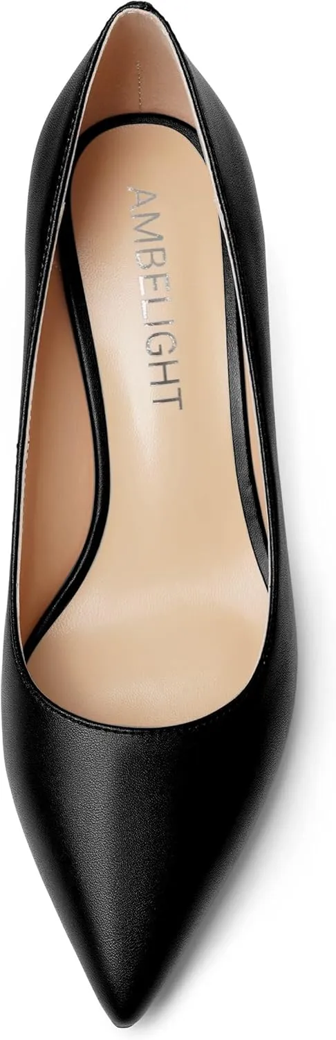 AMBELIGHT Womens Office Matte Pointed Toe Slip On Solid Chunky Mid Heel Pumps Shoes 2.5 Inch