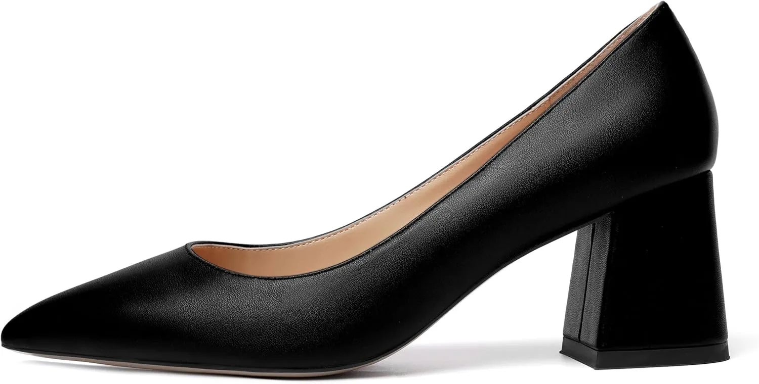 AMBELIGHT Womens Office Matte Pointed Toe Slip On Solid Chunky Mid Heel Pumps Shoes 2.5 Inch