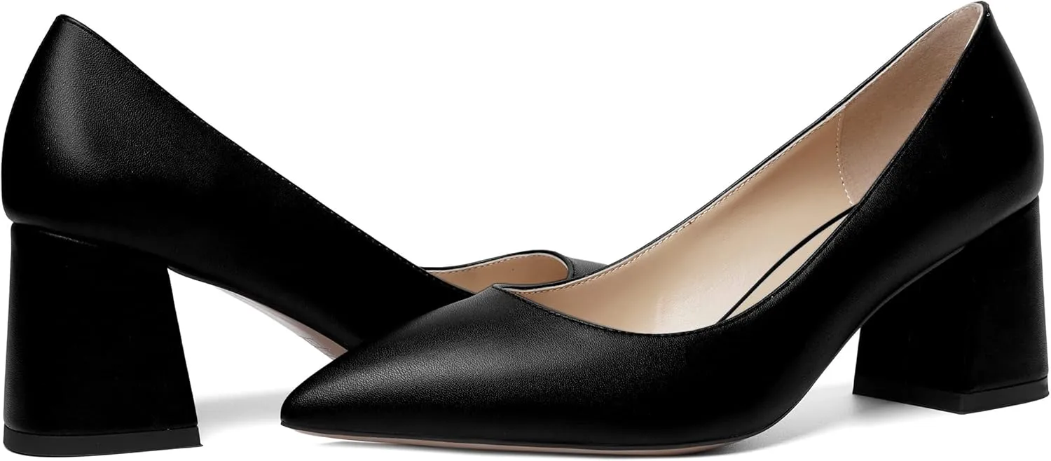 AMBELIGHT Womens Office Matte Pointed Toe Slip On Solid Chunky Mid Heel Pumps Shoes 2.5 Inch