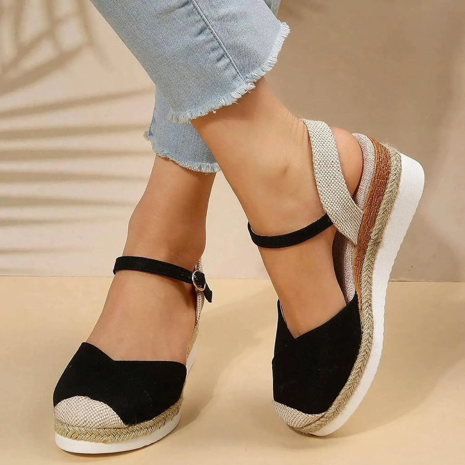 Arch Support Sandals Women'S For Women Canvas Colorblock Espadrille Wedge Shoes Casual Heels for Womens
