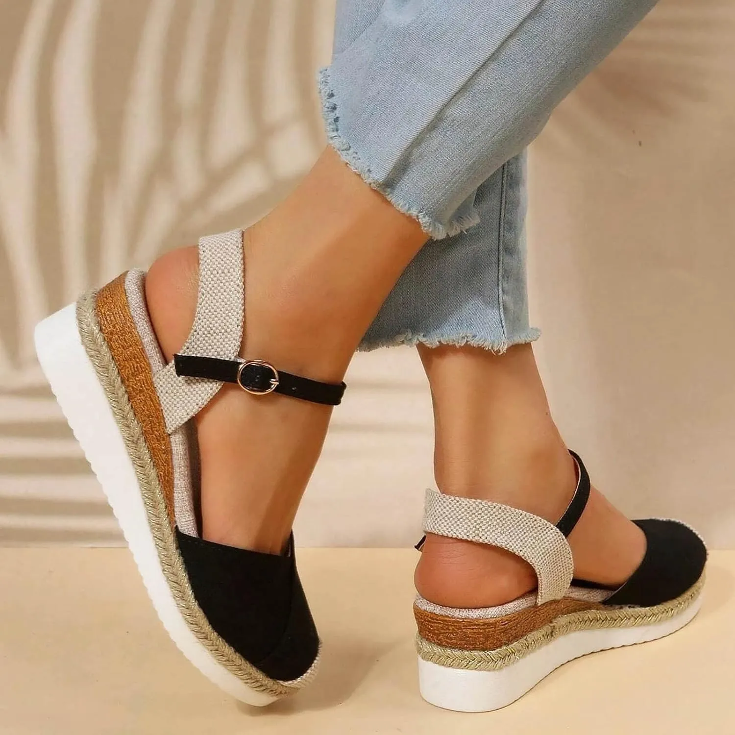 Arch Support Sandals Women'S For Women Canvas Colorblock Espadrille Wedge Shoes Casual Heels for Womens