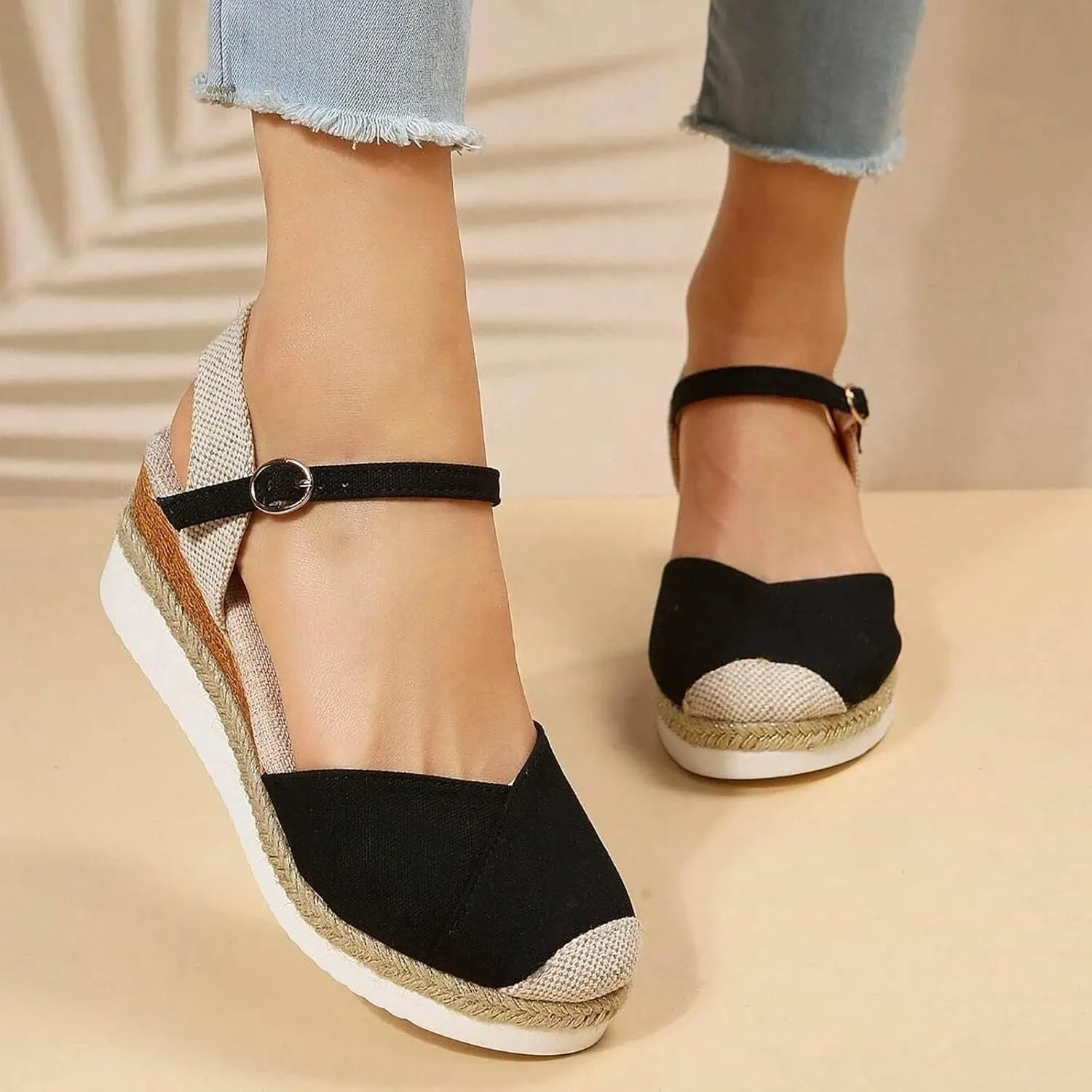 Arch Support Sandals Women'S For Women Canvas Colorblock Espadrille Wedge Shoes Casual Heels for Womens