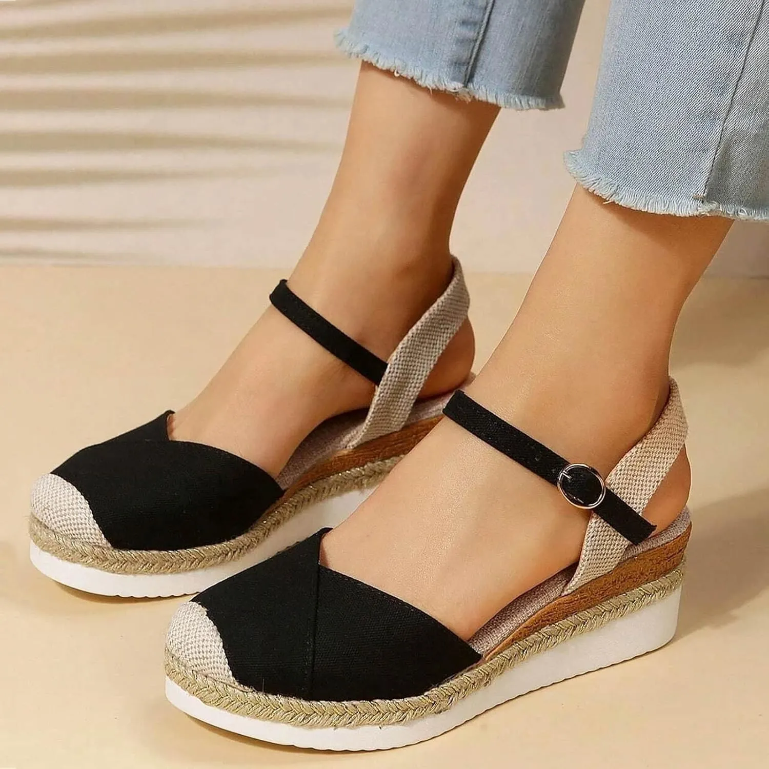 Arch Support Sandals Women'S For Women Canvas Colorblock Espadrille Wedge Shoes Casual Heels for Womens