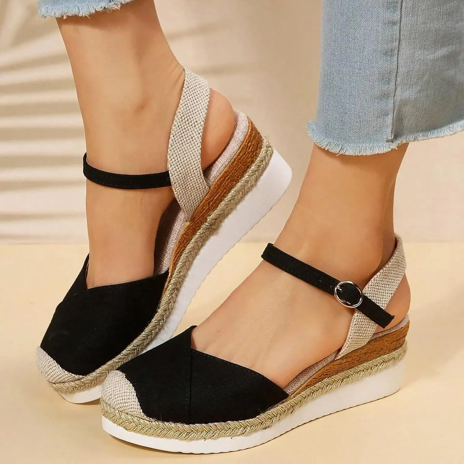 Arch Support Sandals Women'S For Women Canvas Colorblock Espadrille Wedge Shoes Casual Heels for Womens