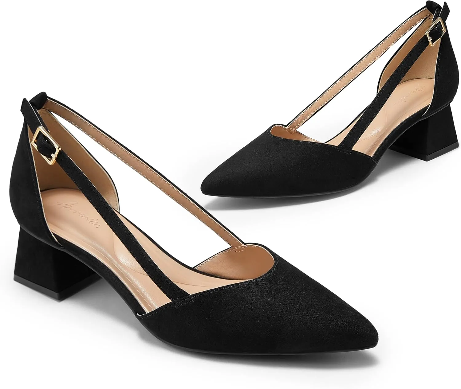 Arromic Women's Low Chunky Heels Pointed Closed Toe Pumps Buckle Chunky Block Heel Dress Slip On D'Orsay Wedding Party Office Shoes