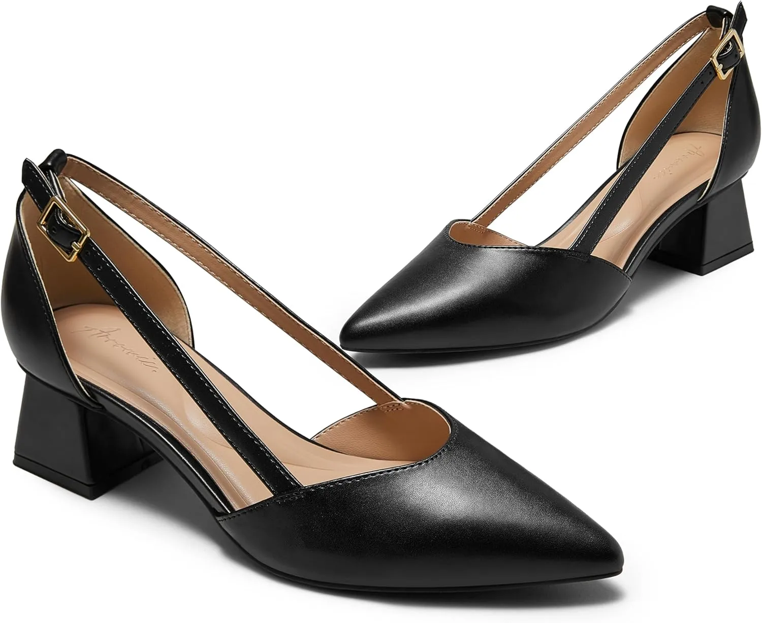 Arromic Women's Low Chunky Heels Pointed Closed Toe Pumps Buckle Chunky Block Heel Dress Slip On D'Orsay Wedding Party Office Shoes