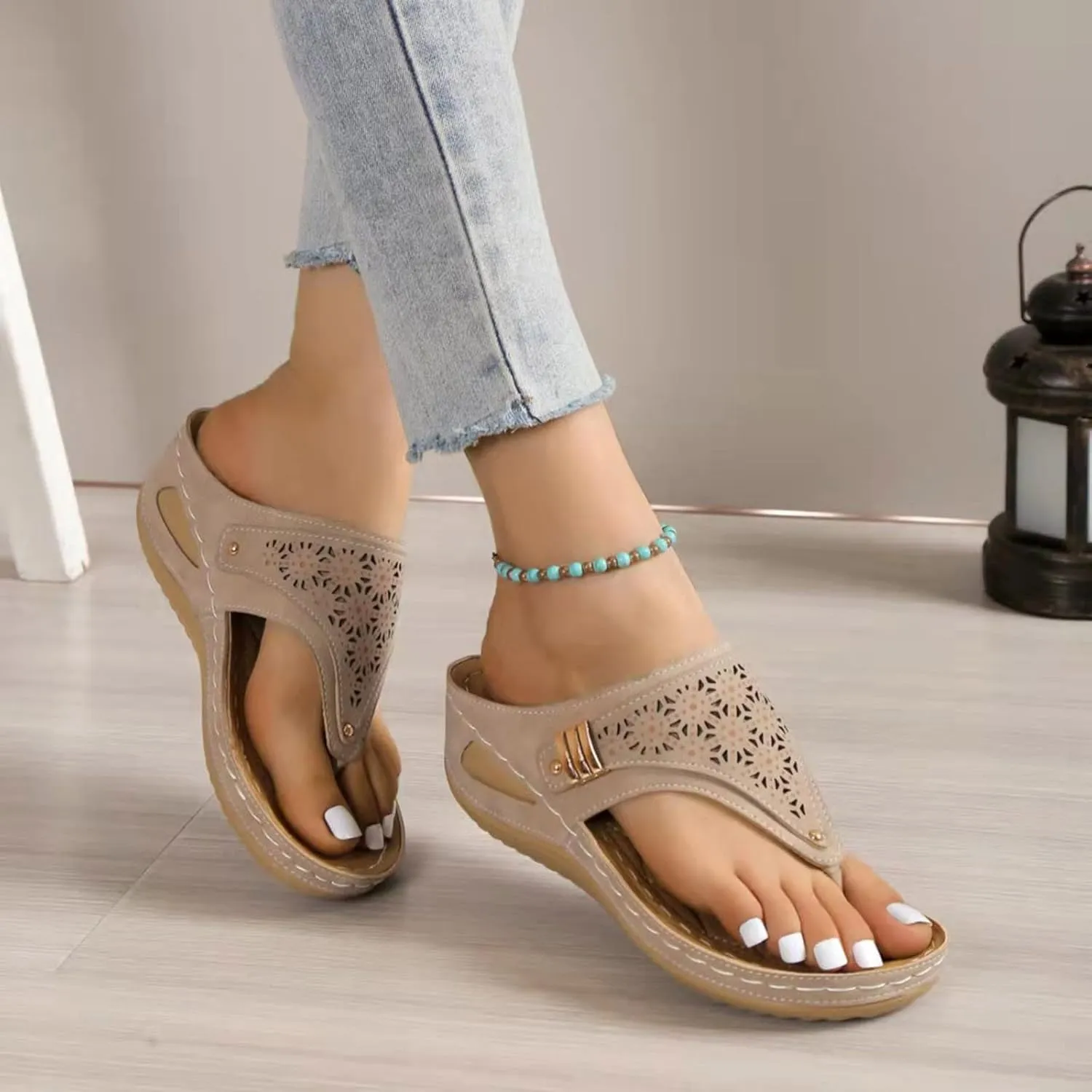 Avylays Low Wedge Heeled Sandals: Open Toe Orthopedic Sandals Womens Summer Adjustable Thong Flip Flops Casual Walking Wedges Slippers for Women
