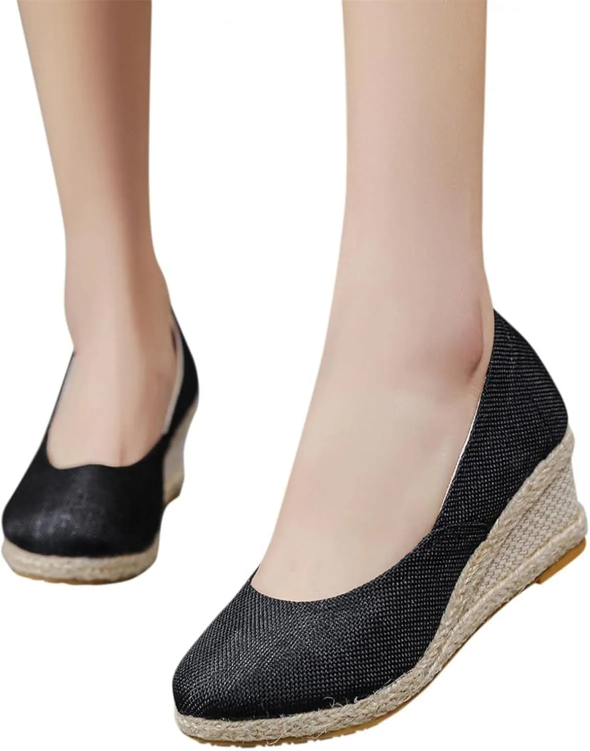 Canvas Wedges Sandals for Women Closed Rounded Toe Wedges Platform Heels Casual Sandals Slip On Woven Casual Pumps Shoes Nurse Shoe Comfortable Breathable Walking Beach Shoes