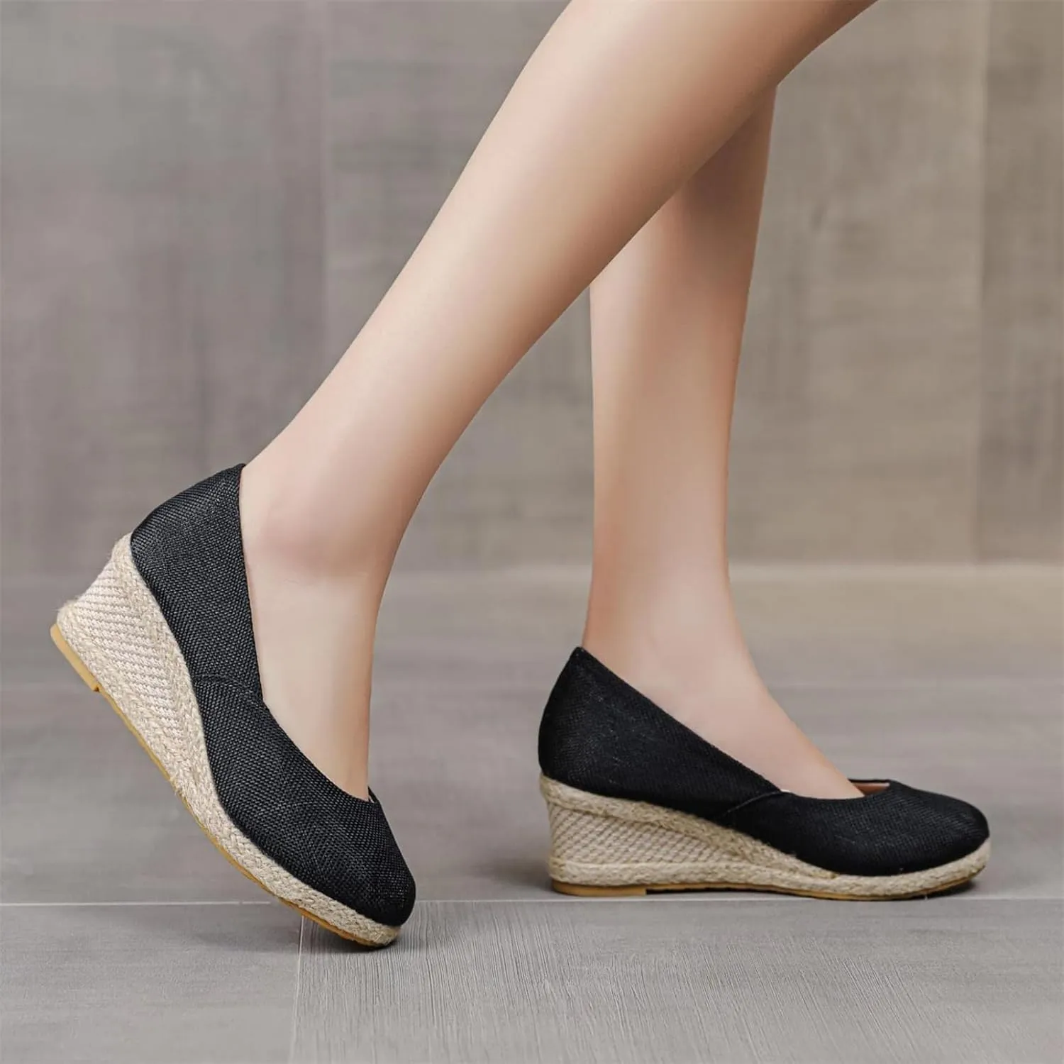 Canvas Wedges Sandals for Women Closed Rounded Toe Wedges Platform Heels Casual Sandals Slip On Woven Casual Pumps Shoes Nurse Shoe Comfortable Breathable Walking Beach Shoes