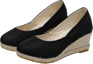 Canvas Wedges Sandals for Women Closed Rounded Toe Wedges Platform Heels Casual Sandals Slip On Woven Casual Pumps Shoes Nurse Shoe Comfortable Breathable Walking Beach Shoes