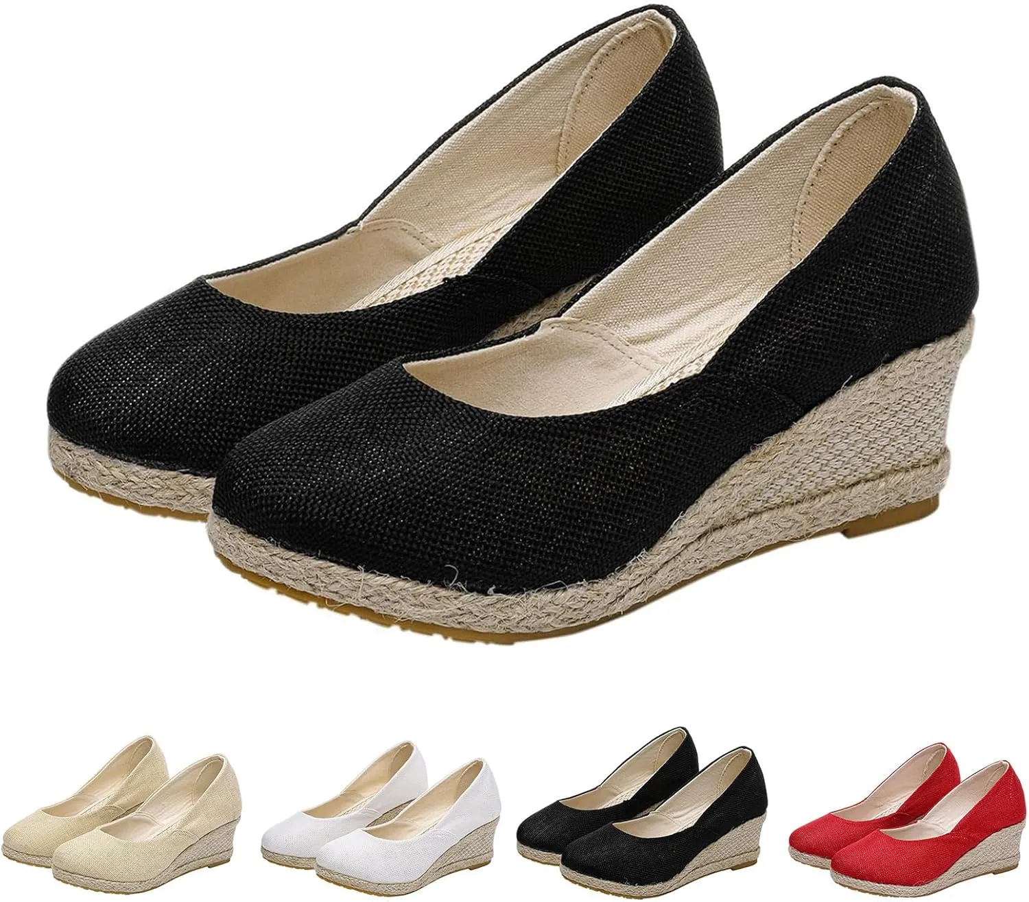 Canvas Wedges Sandals for Women Closed Rounded Toe Wedges Platform Heels Casual Sandals Slip On Woven Casual Pumps Shoes Nurse Shoe Comfortable Breathable Walking Beach Shoes