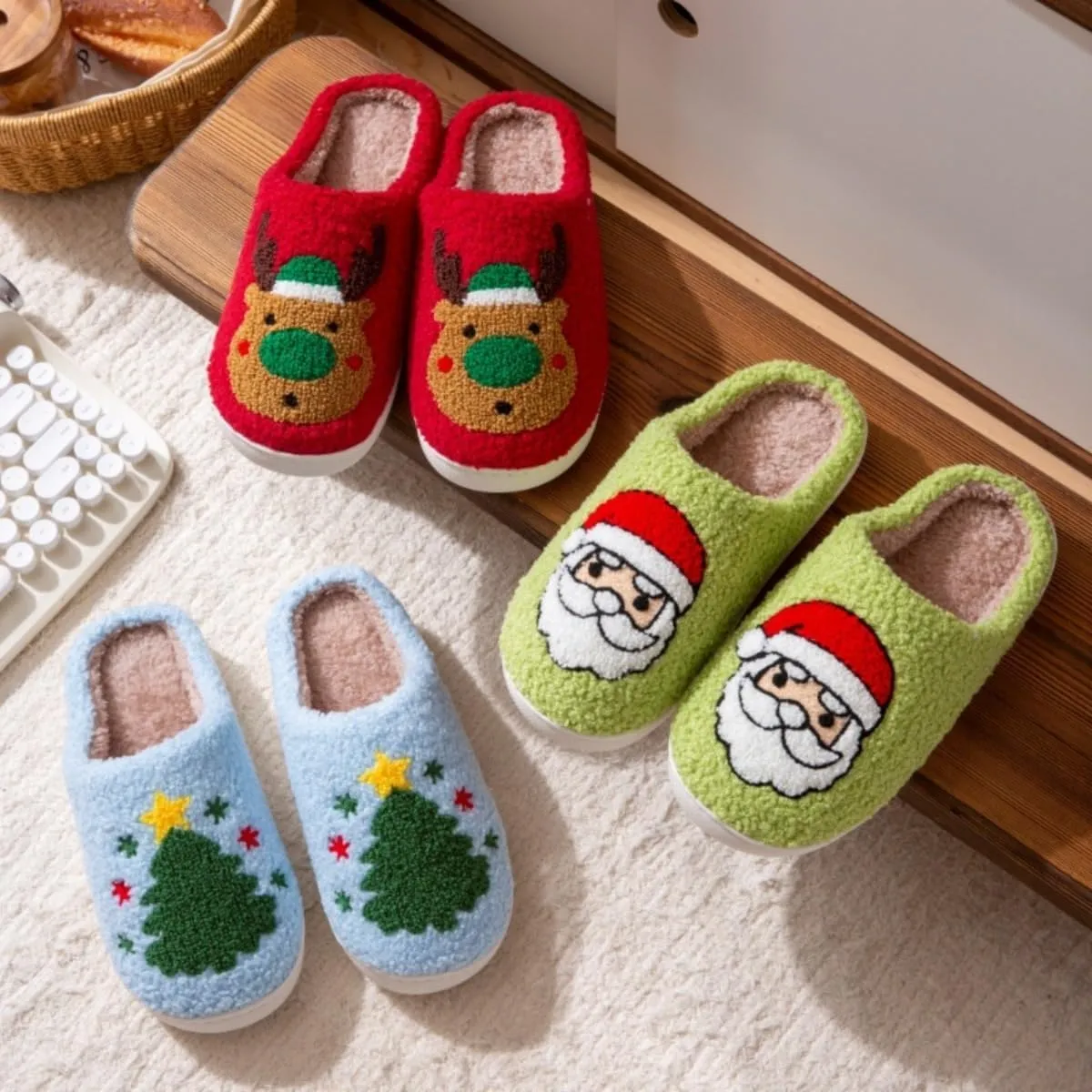 Christmas House Slippers Women Men Holiday Winter Memory Foam Slippers Indoor Cozy Family Cute Shoes
