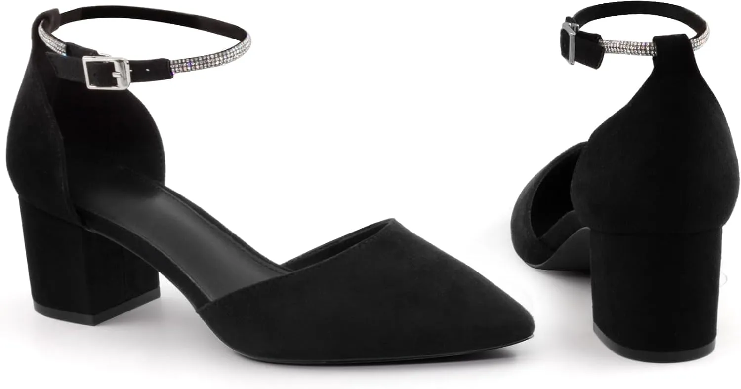 Closed Toe Heels Pumps Women High Block Chunky Heeled Pointed Toed Ankle Strap Pump Shoes Office Wedding Casual Dance Glitter Pumps Shoes for Lady Size 6-10