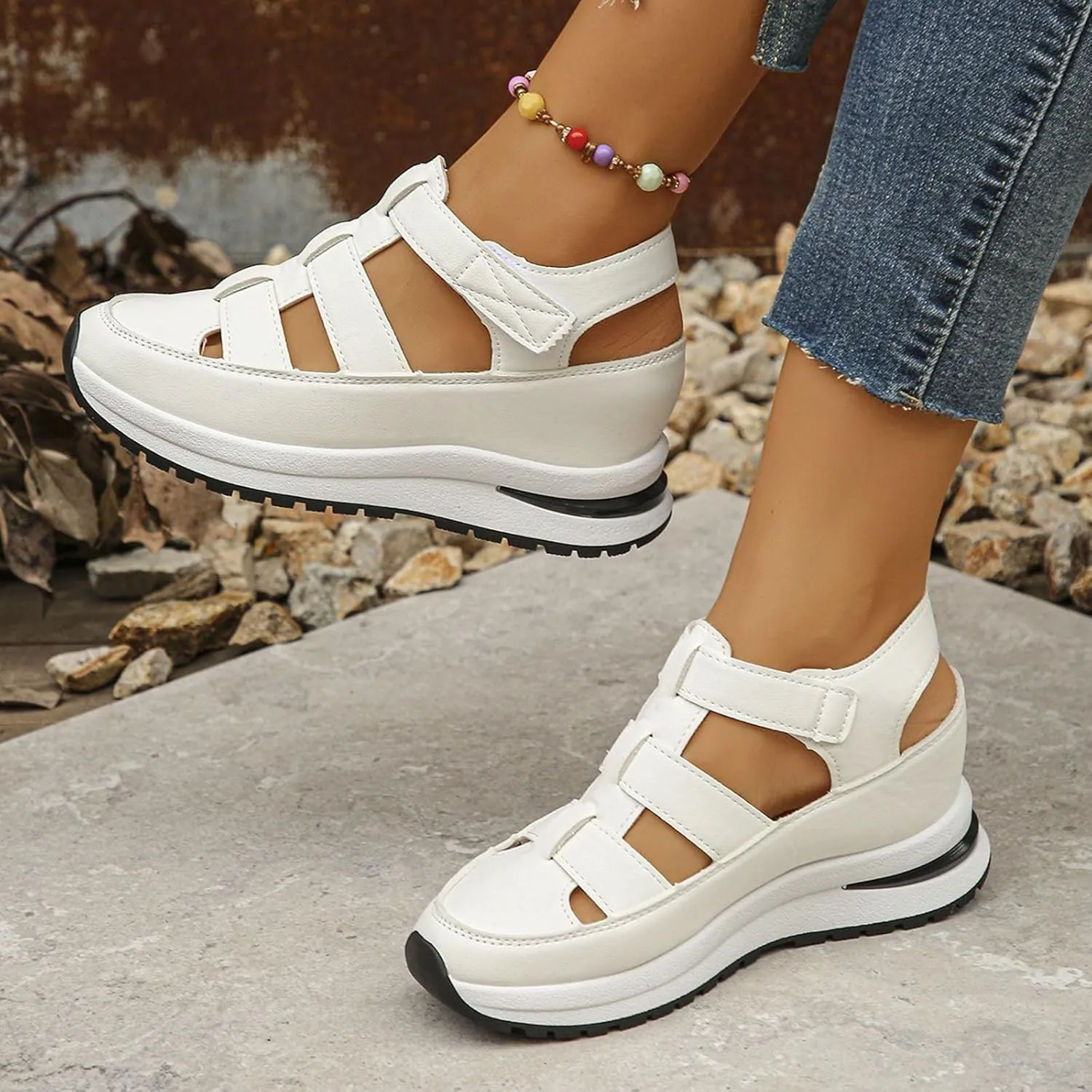Closed Toe Hollow-Out Sandals for Women Plus Size Platform Wedge Sandals Casual Buckle Ankle Strap Shoes Summer Comfortable Weaving Shoes Height-Boosting Thick Sole Shoe