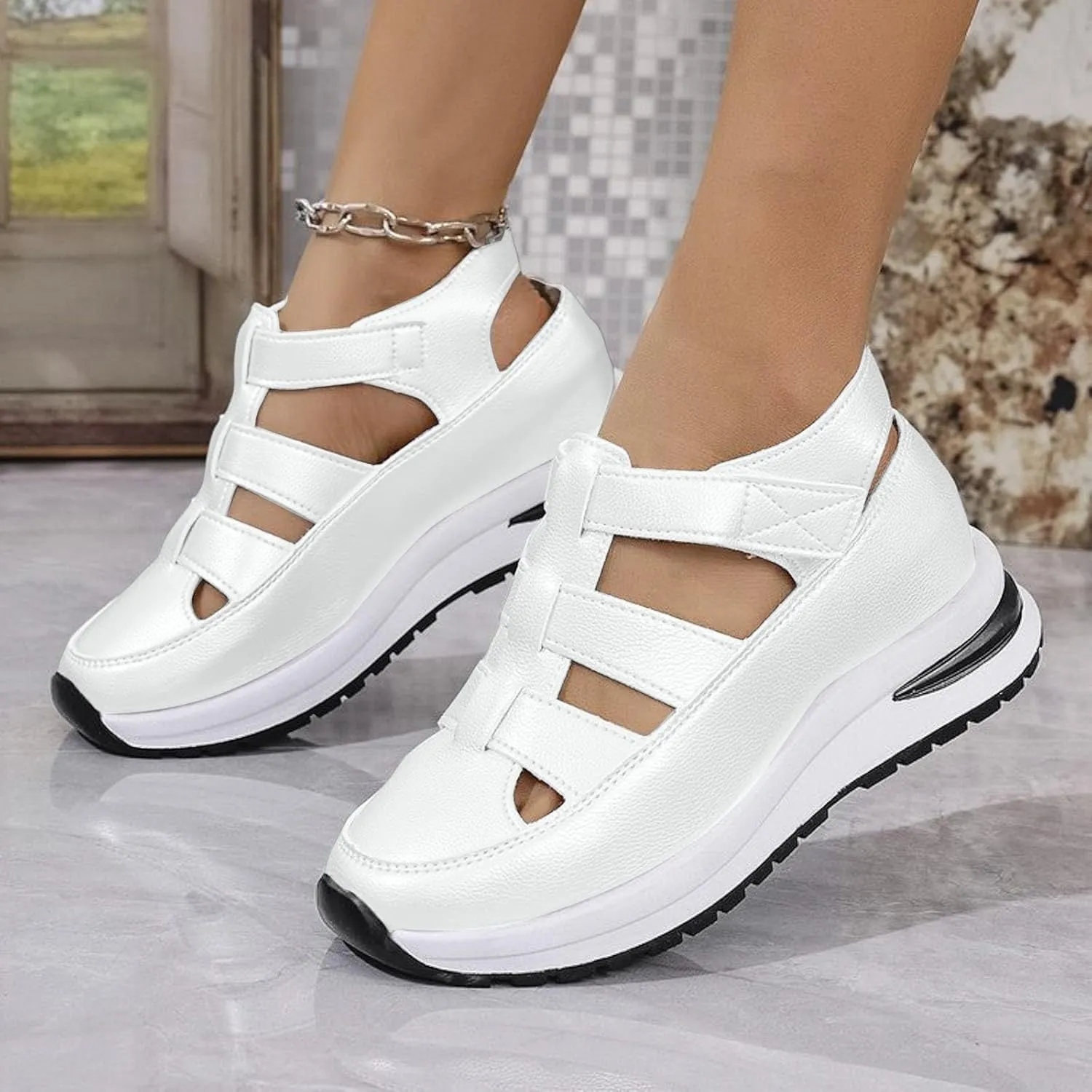 Closed Toe Hollow-Out Sandals for Women Plus Size Platform Wedge Sandals Casual Buckle Ankle Strap Shoes Summer Comfortable Weaving Shoes Height-Boosting Thick Sole Shoe