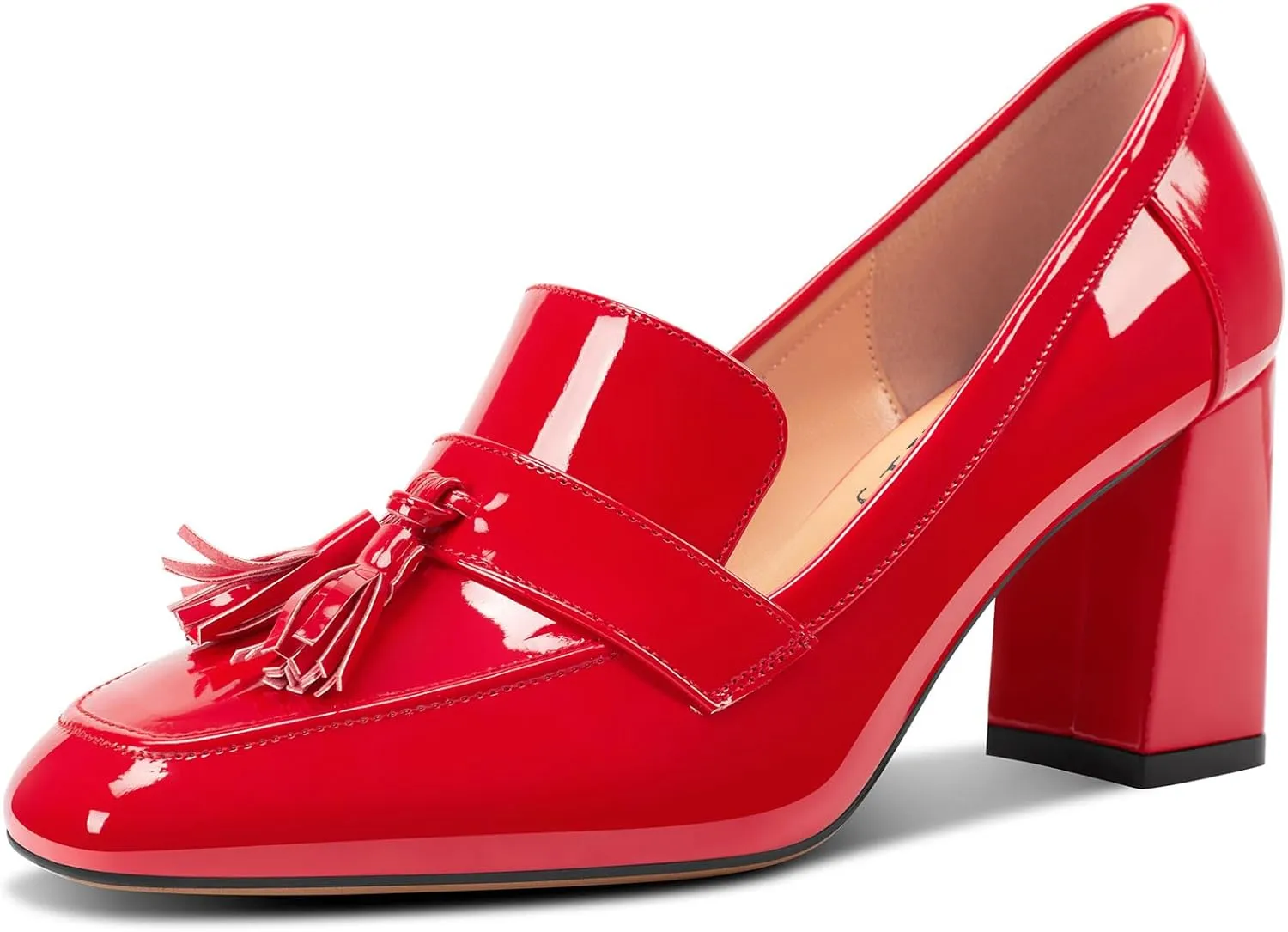 DearOnly Womens Patent Leather Loafers Square Toe Mid Chunky Block Heel Pumps Slip-on Tassel Loafers Office Dress Shoes 3.2 Inches Heels