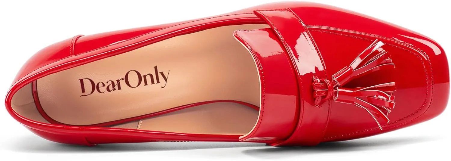 DearOnly Womens Patent Leather Loafers Square Toe Mid Chunky Block Heel Pumps Slip-on Tassel Loafers Office Dress Shoes 3.2 Inches Heels