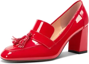 DearOnly Womens Patent Leather Loafers Square Toe Mid Chunky Block Heel Pumps Slip-on Tassel Loafers Office Dress Shoes 3.2 Inches Heels