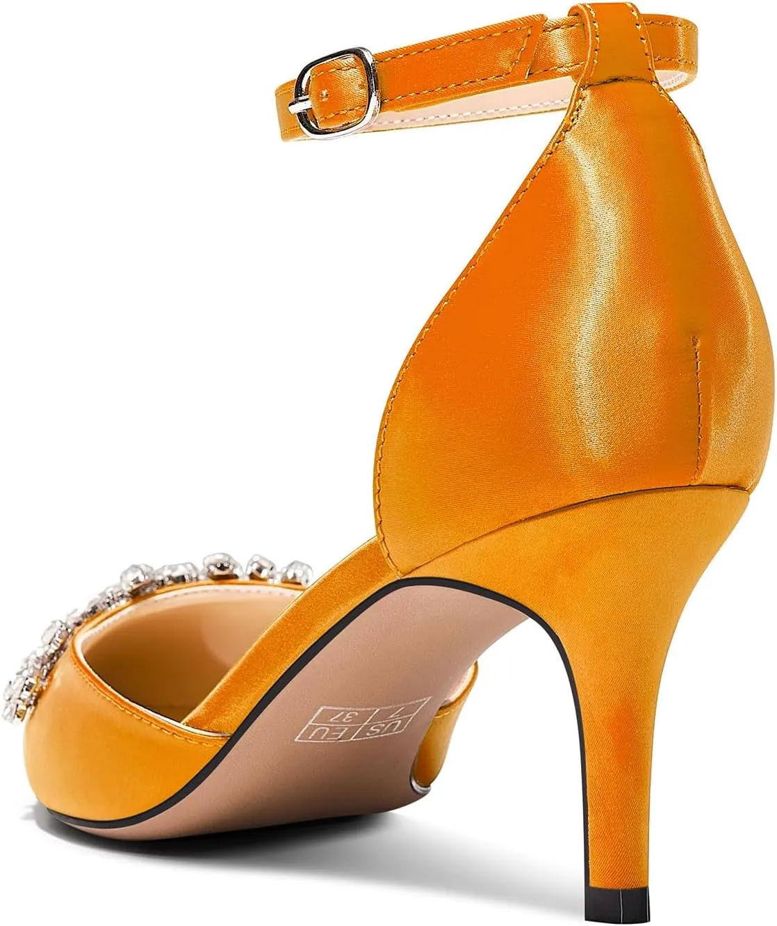 DearOnly Womens Stiletto Mid Heel Pointed Toe Ankle Strap Pumps Rhinestone Kitten Heels Adjustable Buckle Wedding Dress Satin Shoes 2.4 Inches Heels