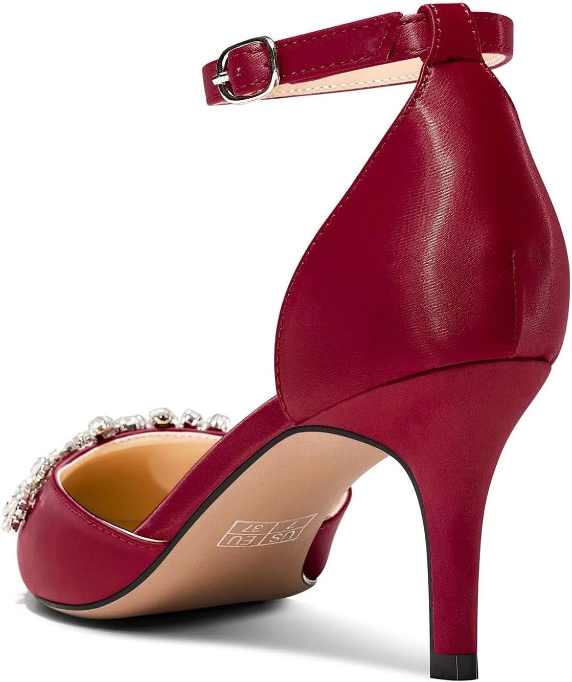 DearOnly Womens Stiletto Mid Heel Pointed Toe Ankle Strap Pumps Rhinestone Kitten Heels Adjustable Buckle Wedding Dress Satin Shoes 2.4 Inches Heels