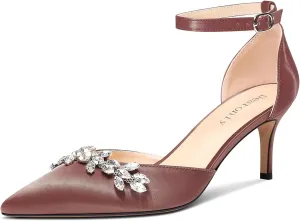 DearOnly Womens Stiletto Mid Heel Pointed Toe Ankle Strap Pumps Rhinestone Kitten Heels Adjustable Buckle Wedding Dress Satin Shoes 2.4 Inches Heels