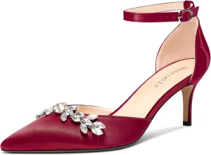 DearOnly Womens Stiletto Mid Heel Pointed Toe Ankle Strap Pumps Rhinestone Kitten Heels Adjustable Buckle Wedding Dress Satin Shoes 2.4 Inches Heels