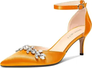 DearOnly Womens Stiletto Mid Heel Pointed Toe Ankle Strap Pumps Rhinestone Kitten Heels Adjustable Buckle Wedding Dress Satin Shoes 2.4 Inches Heels
