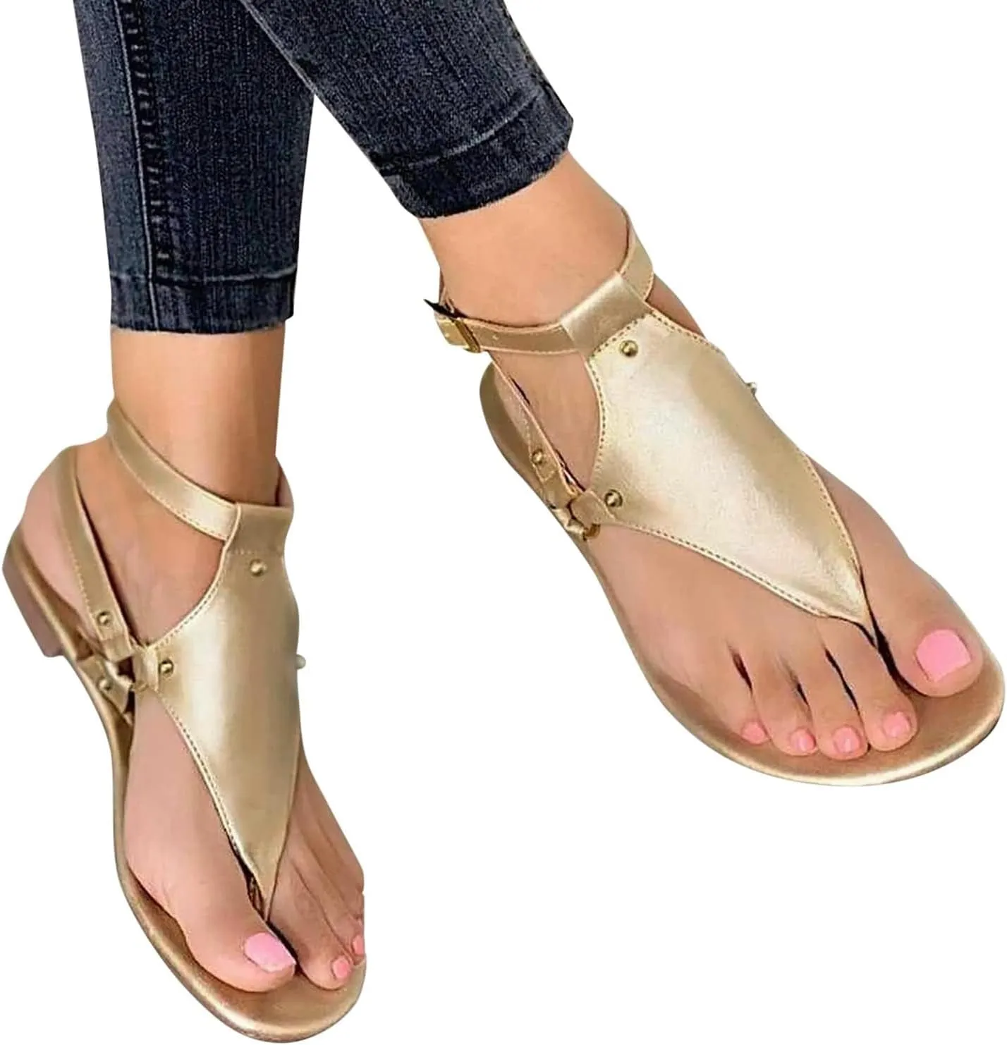 Dressy Thong Flip Flops for Women Open Toe Flat Beach Sandals Buckle Ankle Strap Casual Summer Shoes Outdoor Walking Sandal Ladies Casual Comfy Shoes Breathable Lightweight Sandals