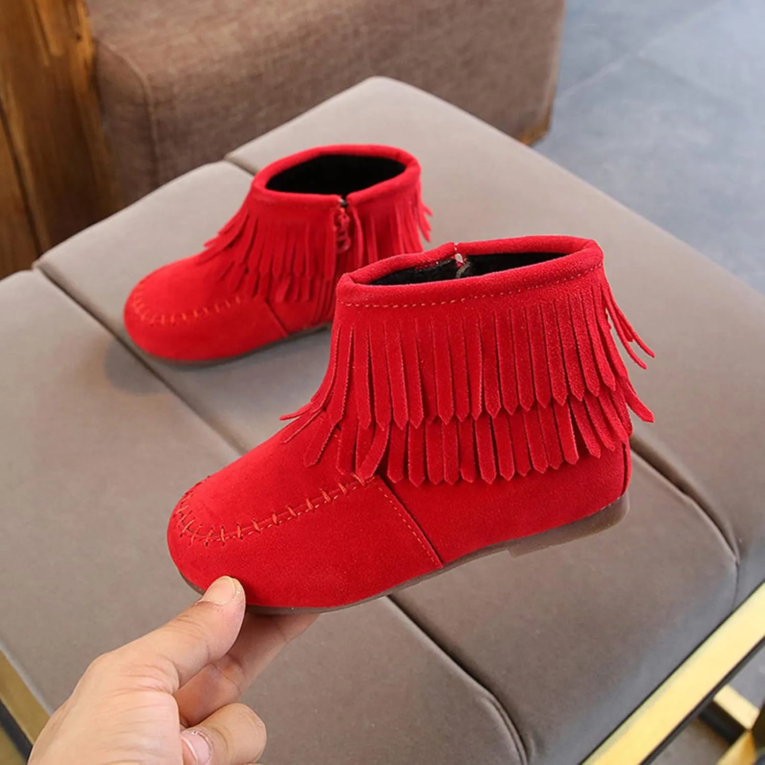 EnJoCho Boots for Kids 12M-6Years Little Girls Tassel Suede Ankle Boots Side Zipper Short Booties Winter Snow Boot