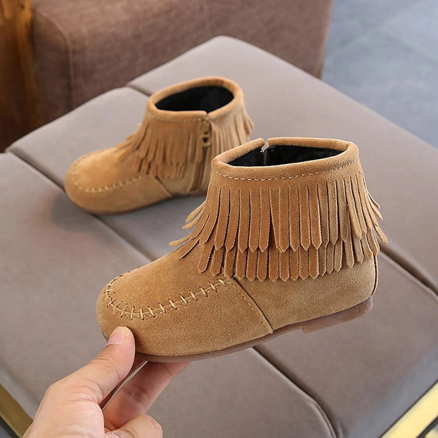 EnJoCho Boots for Kids 12M-6Years Little Girls Tassel Suede Ankle Boots Side Zipper Short Booties Winter Snow Boot