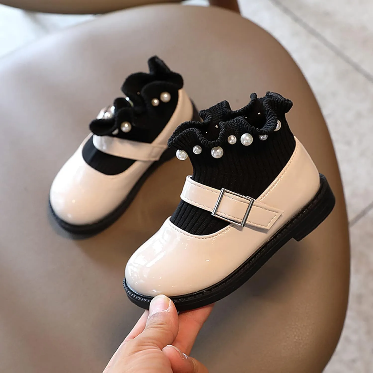 EnJoCho Children Ankle Boots,15M-6Y Metal Chain Girls Kids Fashion Boots Leather Knitting Patchwork Slip On Kids Socks Shoes (Beige-7#, 2-2.5Years)