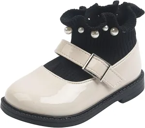 EnJoCho Children Ankle Boots,15M-6Y Metal Chain Girls Kids Fashion Boots Leather Knitting Patchwork Slip On Kids Socks Shoes (Beige-7#, 2-2.5Years)