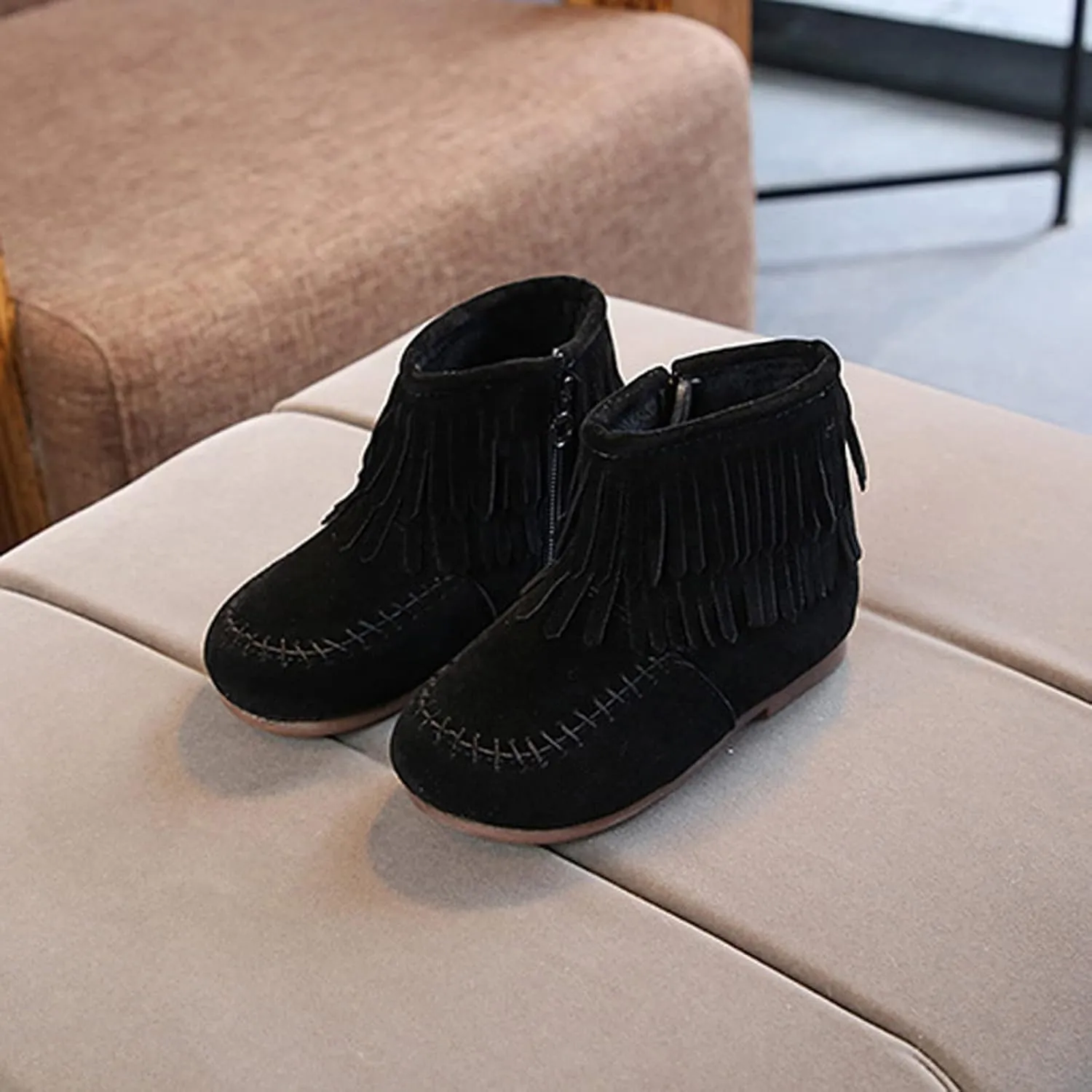 EnJoCho Little Girls Tassel Suede Ankle Boots Side Zipper Short Booties Winter Snow Boot Warm Shoes for Kids 12M-6Years (Black-6#, 15-18Months)