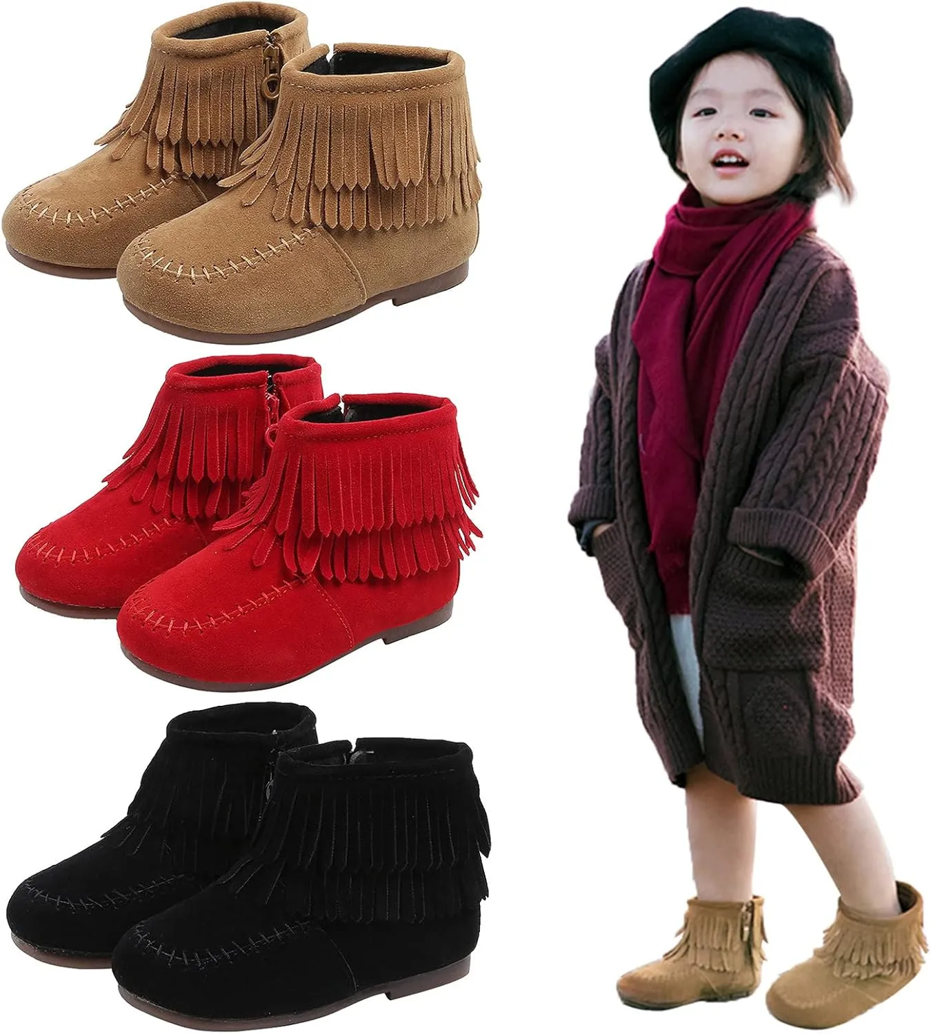 EnJoCho Little Girls Tassel Suede Ankle Boots Side Zipper Short Booties Winter Snow Boot Warm Shoes for Kids 12M-6Years (Black-6#, 15-18Months)