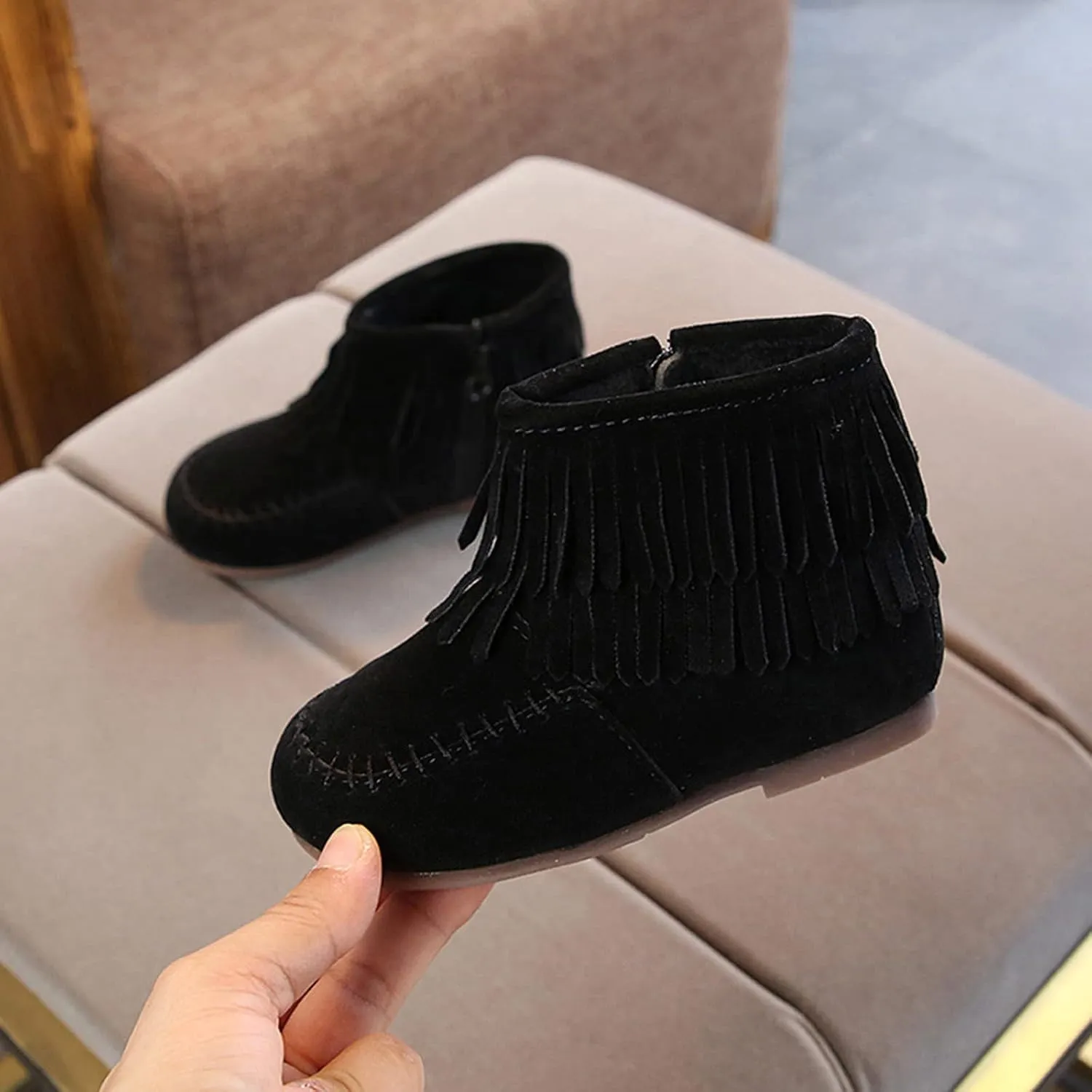 EnJoCho Little Girls Tassel Suede Ankle Boots Side Zipper Short Booties Winter Snow Boot Warm Shoes for Kids 12M-6Years (Black-6#, 15-18Months)