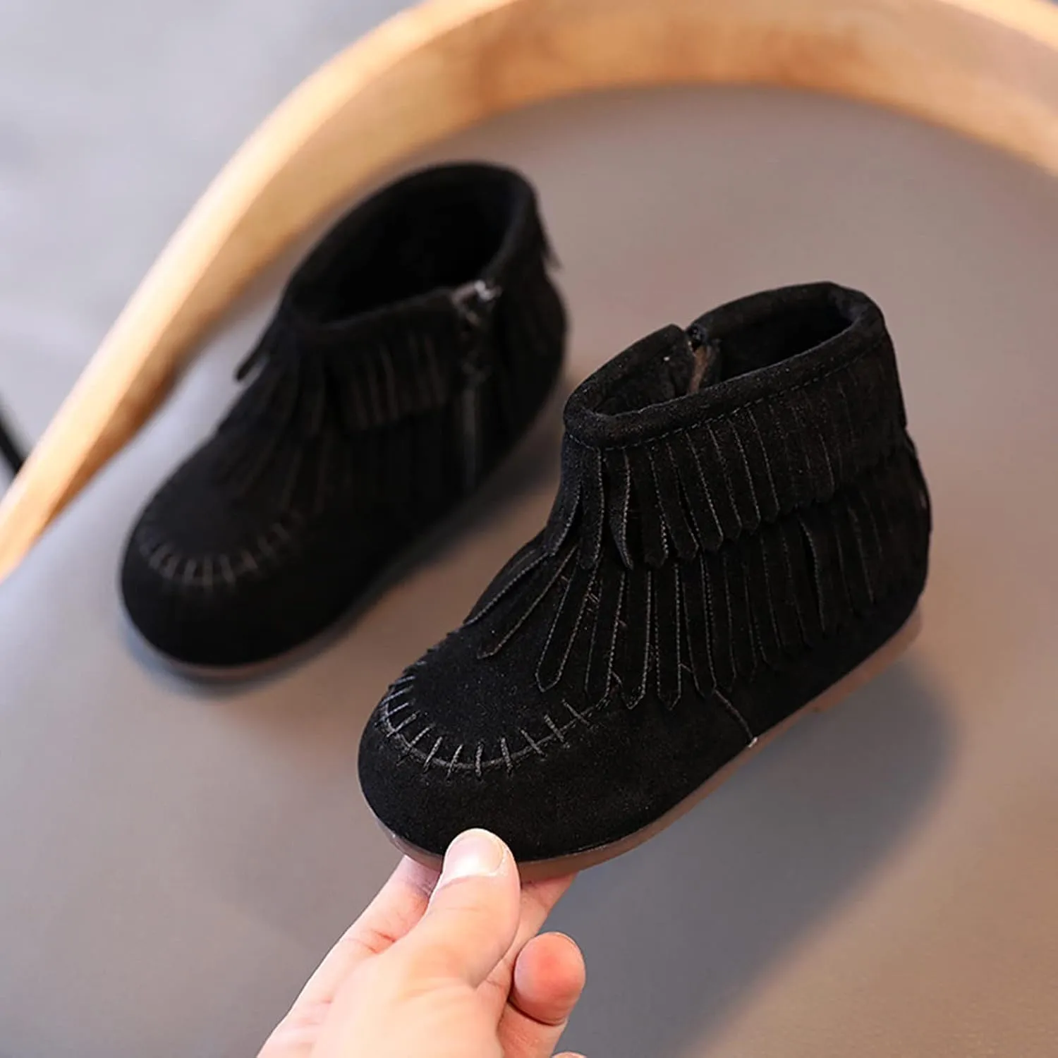 EnJoCho Little Girls Tassel Suede Ankle Boots Side Zipper Short Booties Winter Snow Boot Warm Shoes for Kids 12M-6Years (Black-6#, 15-18Months)