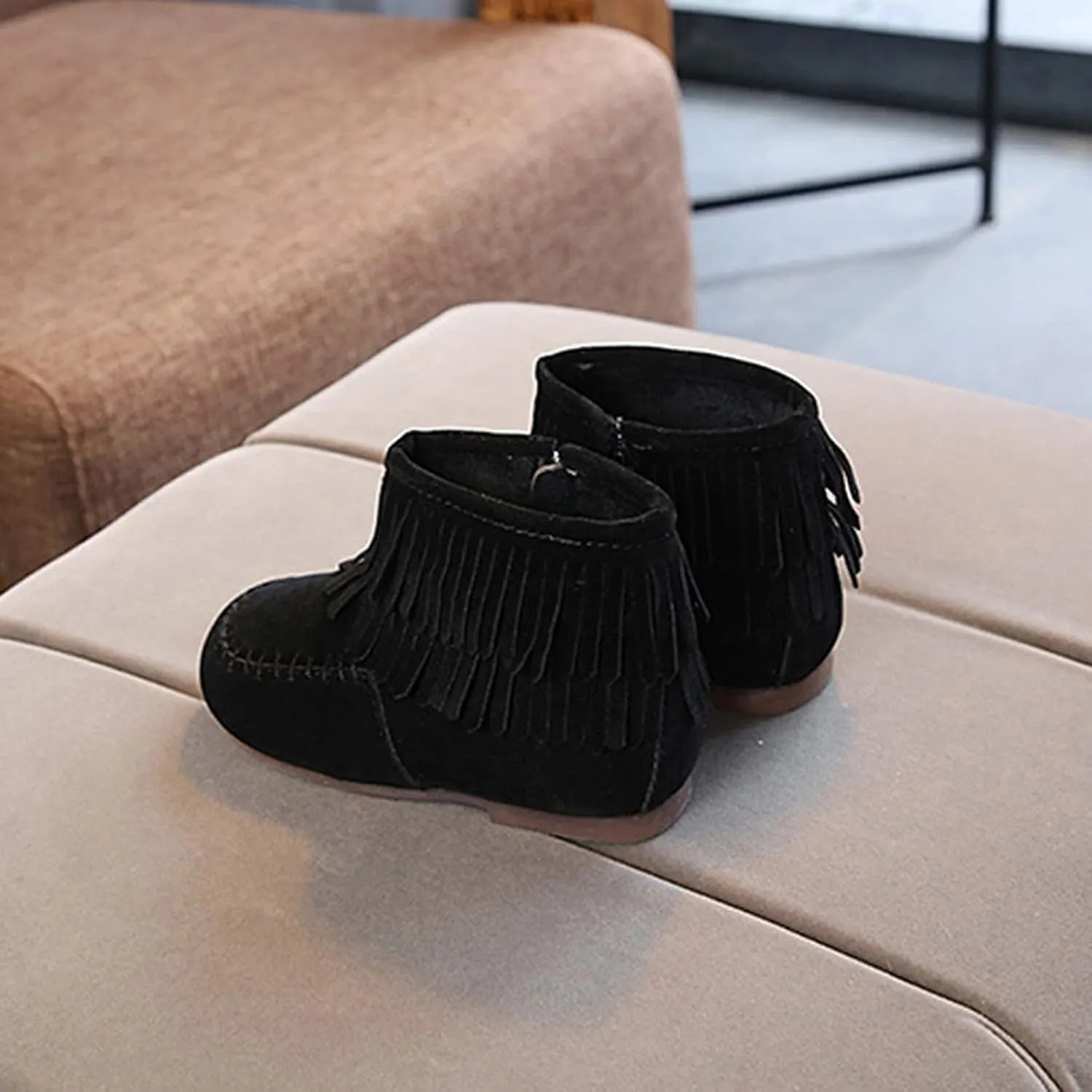 EnJoCho Little Girls Tassel Suede Ankle Boots Side Zipper Short Booties Winter Snow Boot Warm Shoes for Kids 12M-6Years (Black-6#, 15-18Months)