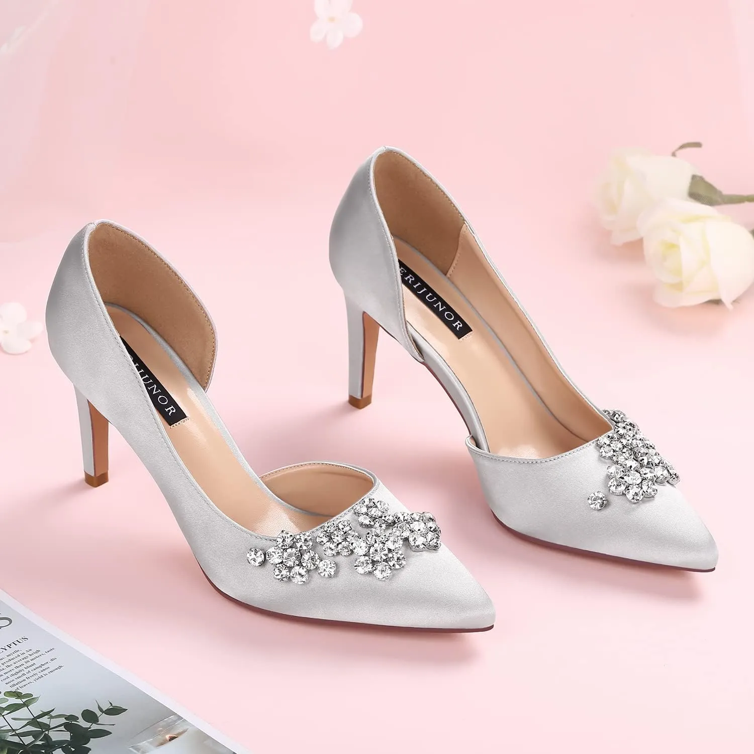 ERIJUNOR Pointy Toe Mid Heels Pumps Rhinestones Evening Party D’Orsay Satin Shoes for Women