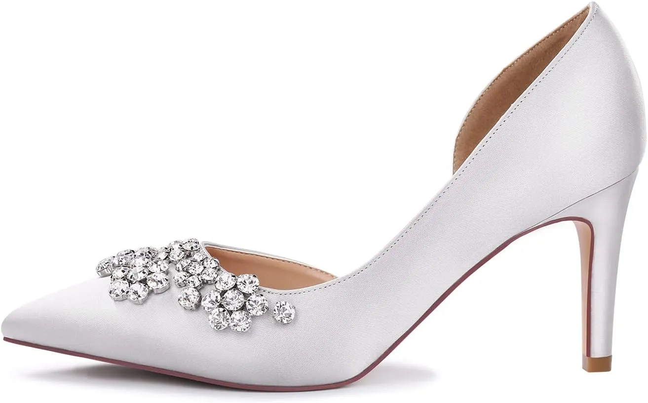 ERIJUNOR Pointy Toe Mid Heels Pumps Rhinestones Evening Party D’Orsay Satin Shoes for Women