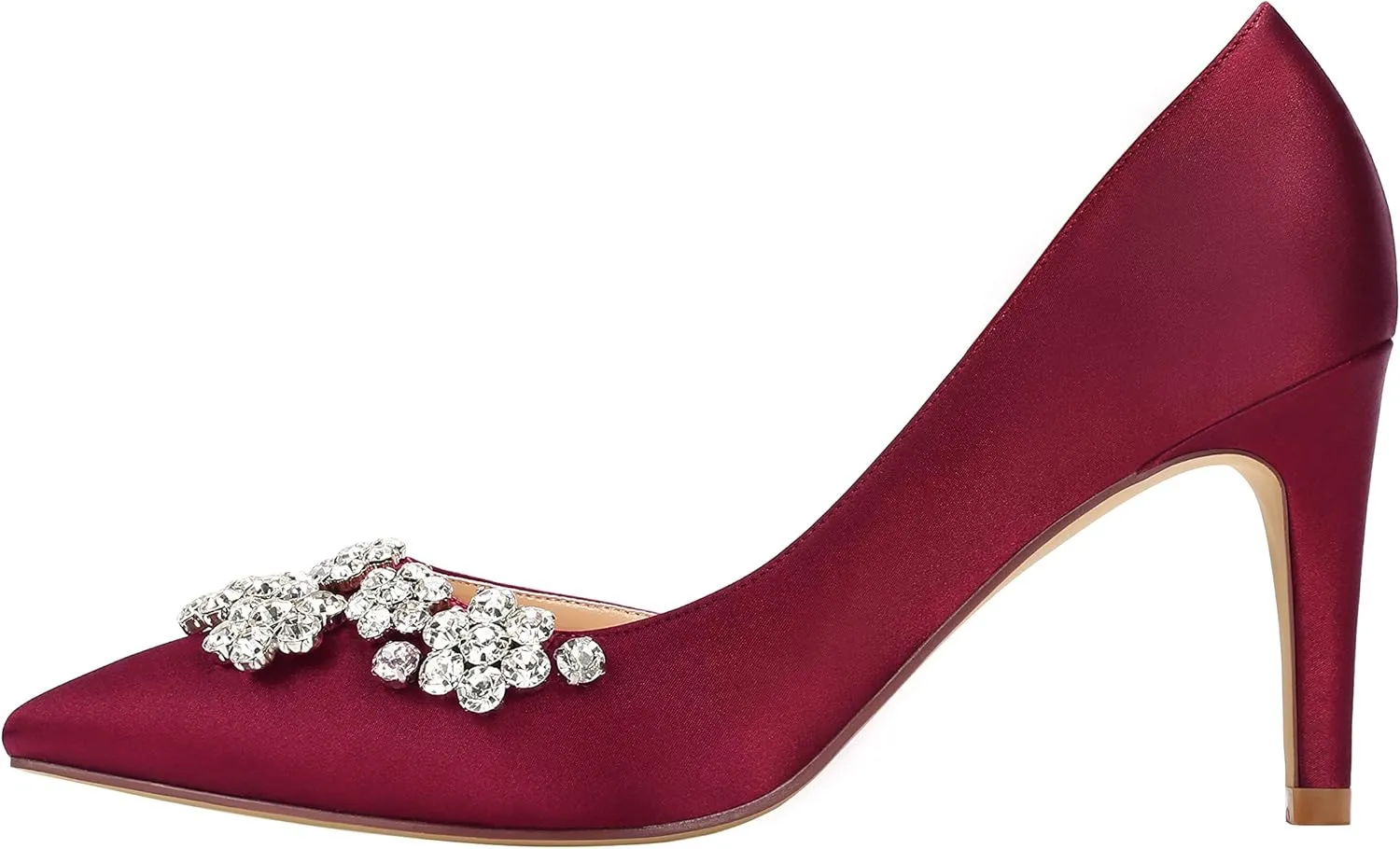ERIJUNOR Pointy Toe Mid Heels Pumps Rhinestones Evening Party D’Orsay Satin Shoes for Women