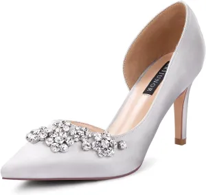 ERIJUNOR Pointy Toe Mid Heels Pumps Rhinestones Evening Party D’Orsay Satin Shoes for Women