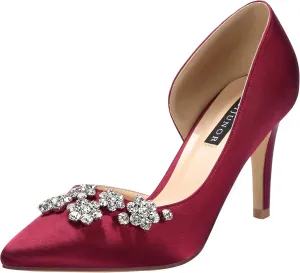 ERIJUNOR Pointy Toe Mid Heels Pumps Rhinestones Evening Party D’Orsay Satin Shoes for Women
