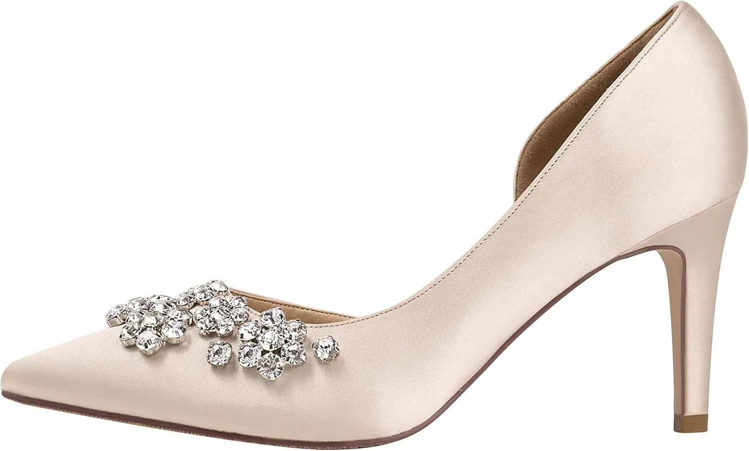 ERIJUNOR Pointy Toe Mid Heels Pumps Rhinestones Evening Party D’Orsay Satin Shoes for Women