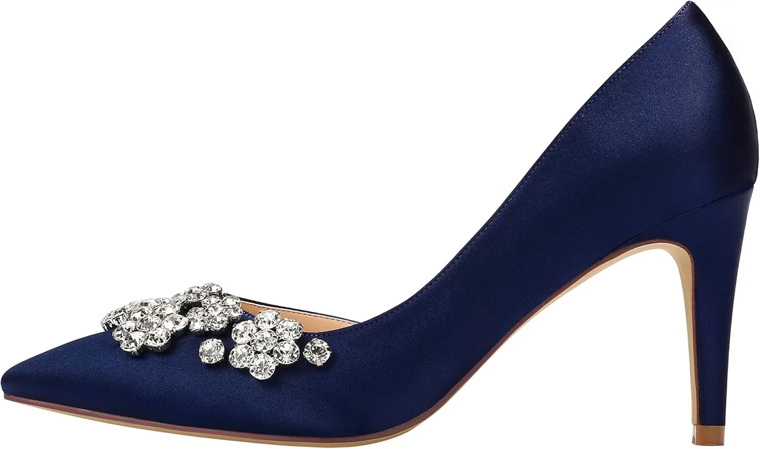 ERIJUNOR Pointy Toe Mid Heels Pumps Rhinestones Evening Party D’Orsay Satin Shoes for Women