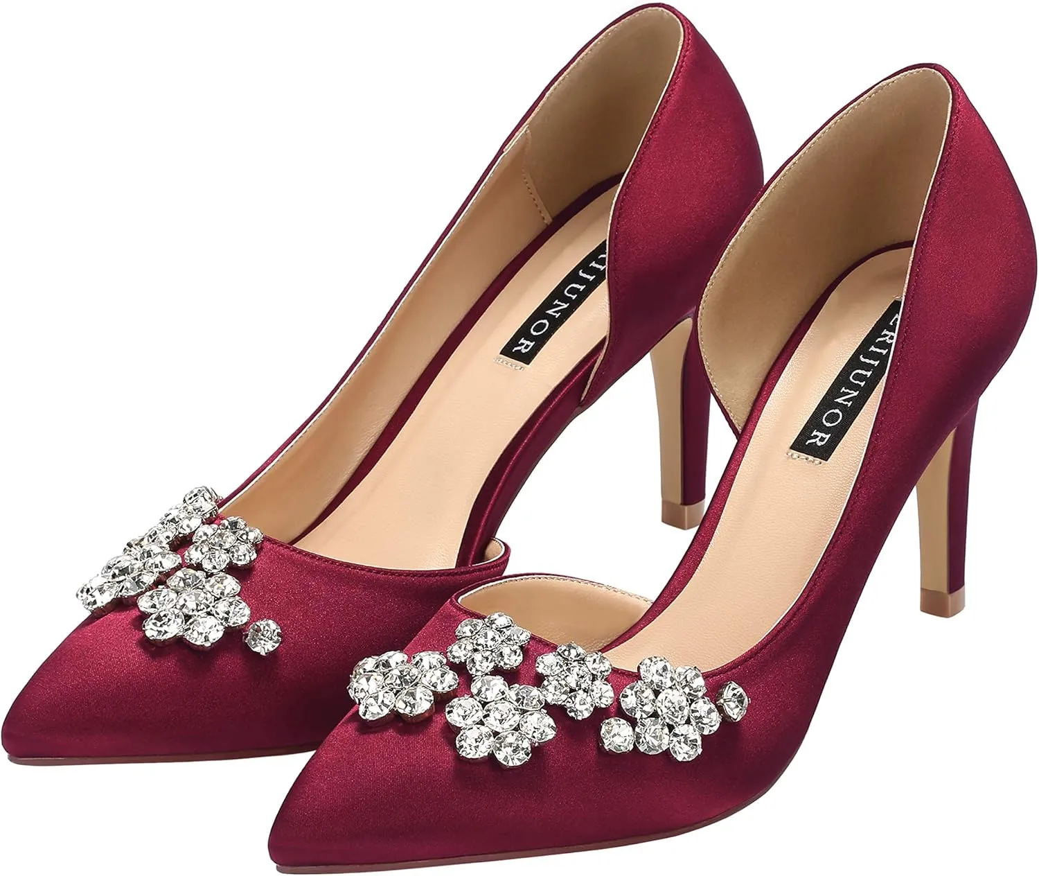 ERIJUNOR Pointy Toe Mid Heels Pumps Rhinestones Evening Party D’Orsay Satin Shoes for Women