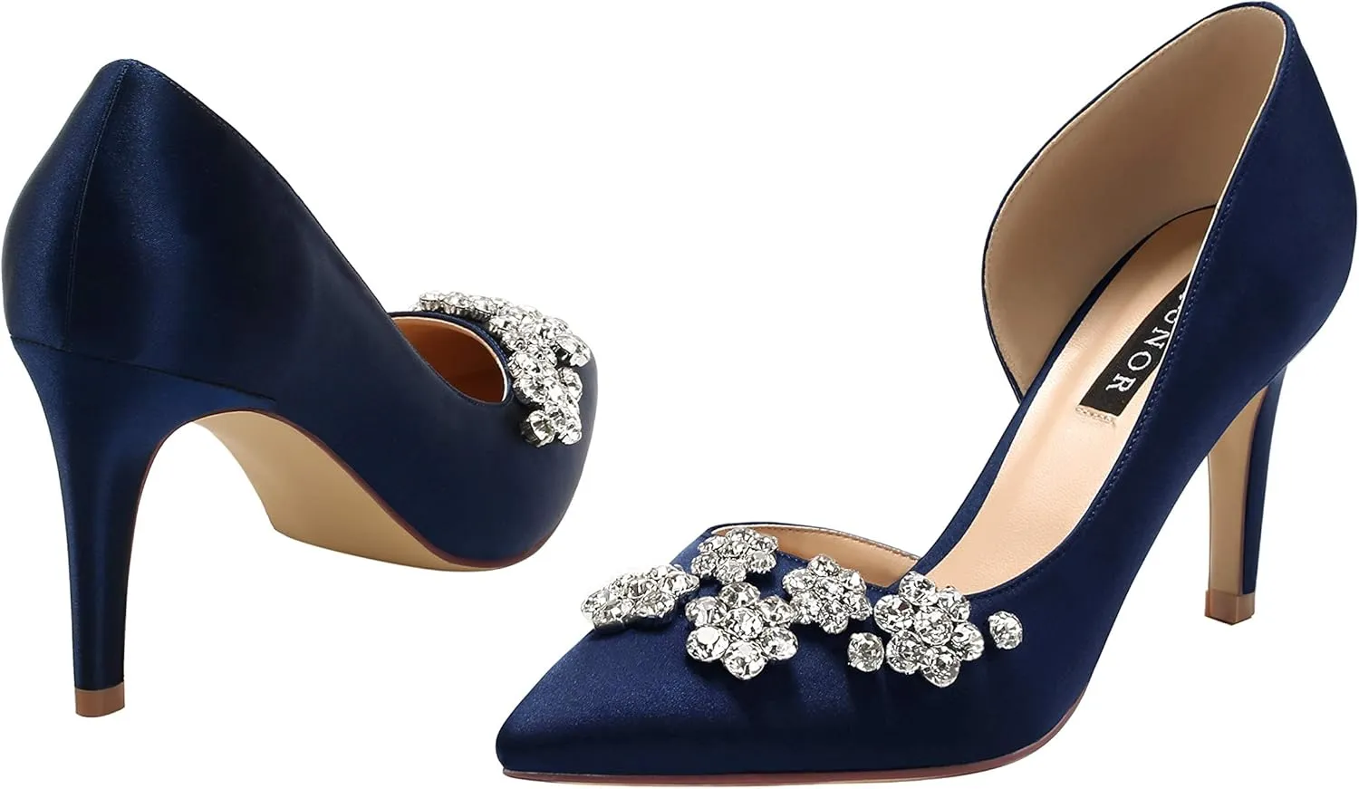ERIJUNOR Pointy Toe Mid Heels Pumps Rhinestones Evening Party D’Orsay Satin Shoes for Women