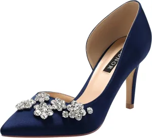 ERIJUNOR Pointy Toe Mid Heels Pumps Rhinestones Evening Party D’Orsay Satin Shoes for Women