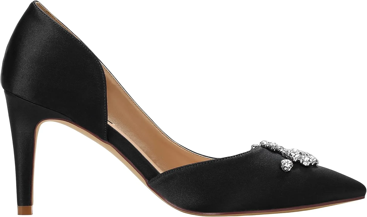 ERIJUNOR Pointy Toe Mid Heels Pumps Rhinestones Evening Party D’Orsay Satin Shoes for Women