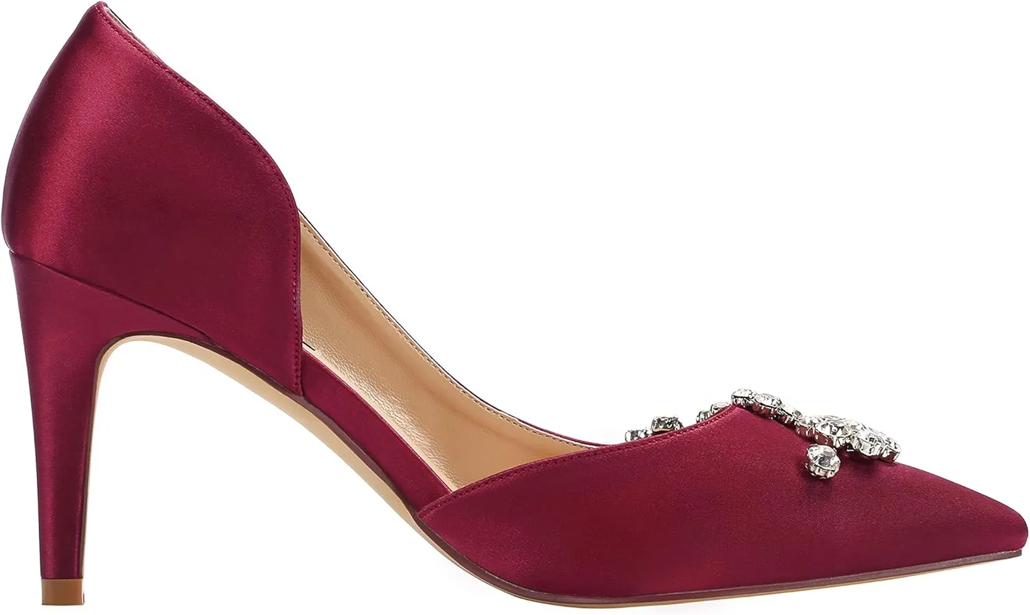 ERIJUNOR Pointy Toe Mid Heels Pumps Rhinestones Evening Party D’Orsay Satin Shoes for Women