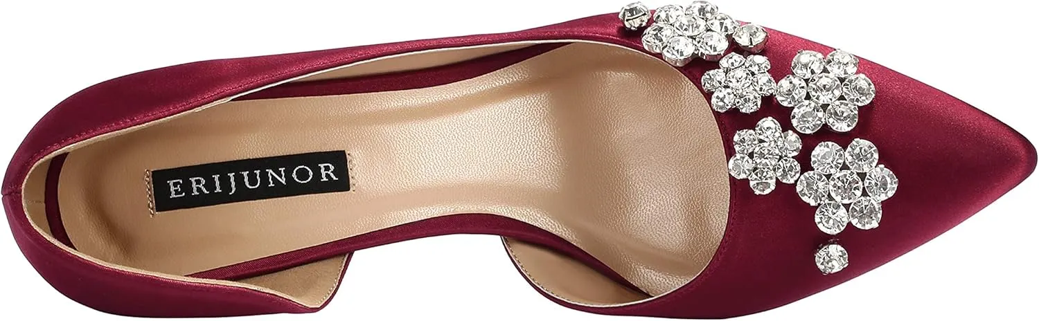 ERIJUNOR Pointy Toe Mid Heels Pumps Rhinestones Evening Party D’Orsay Satin Shoes for Women